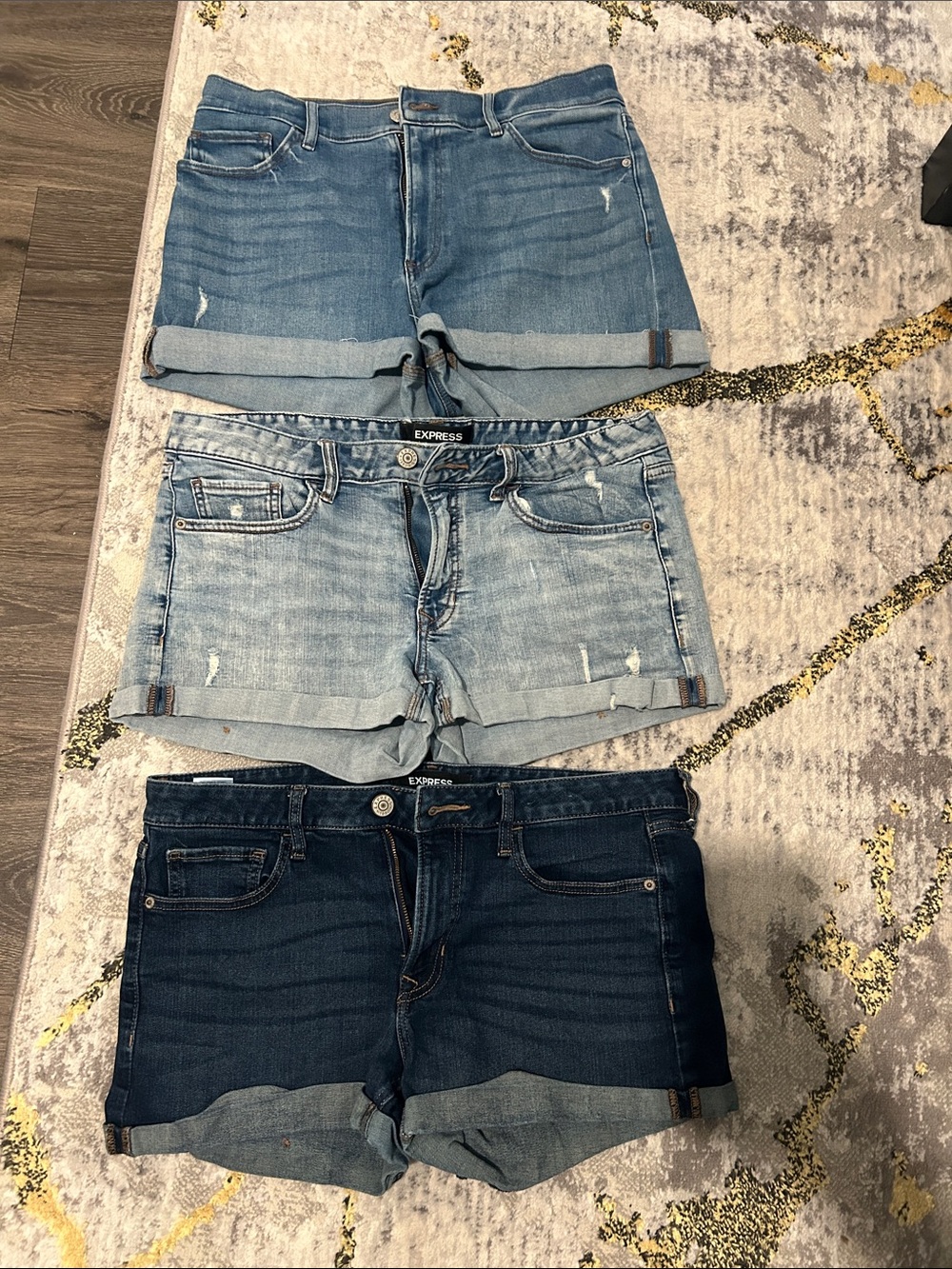 Express Denim Shorts Trio — Light Blue, Medium Blue, Dark Blue